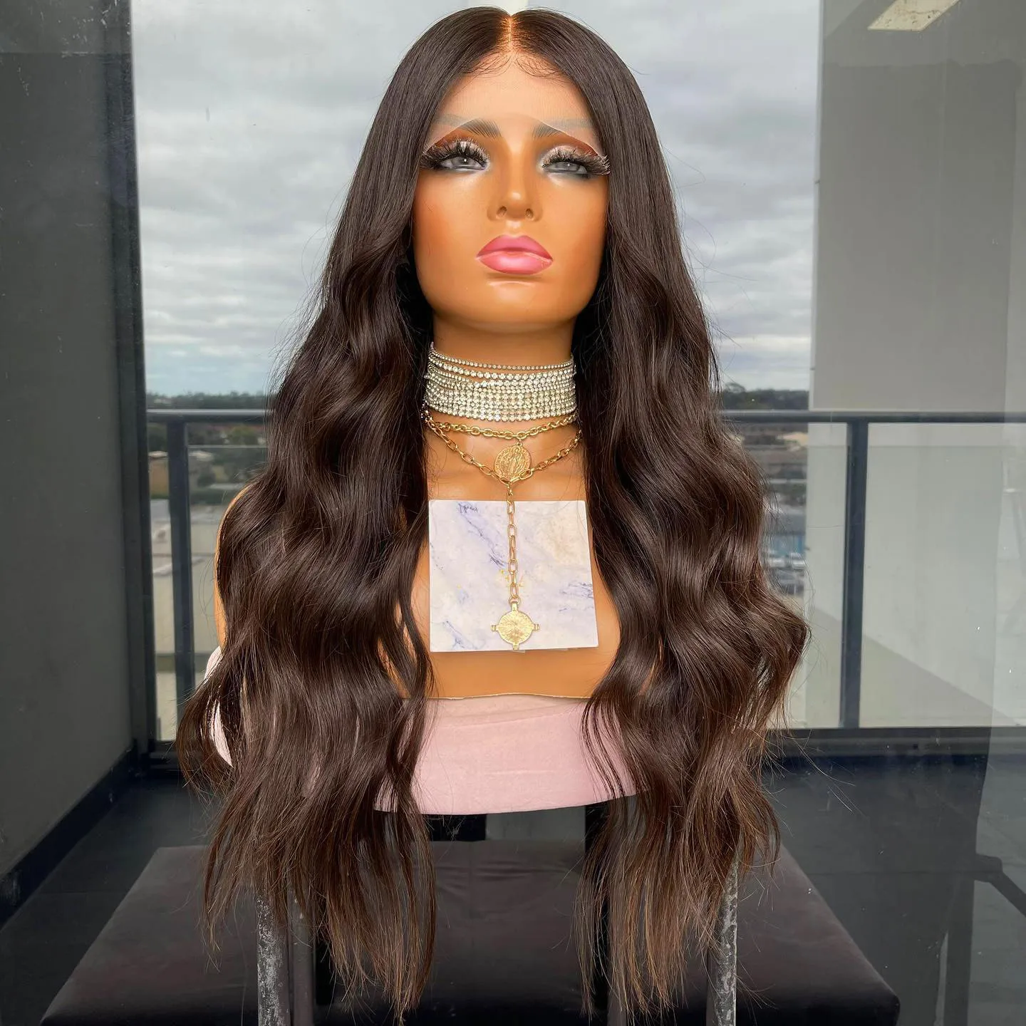 

Drakest Brown Body Wave Preplucked Black Lace Front Wig For African Women Long Glueless 180Density Heat Resistant Daily