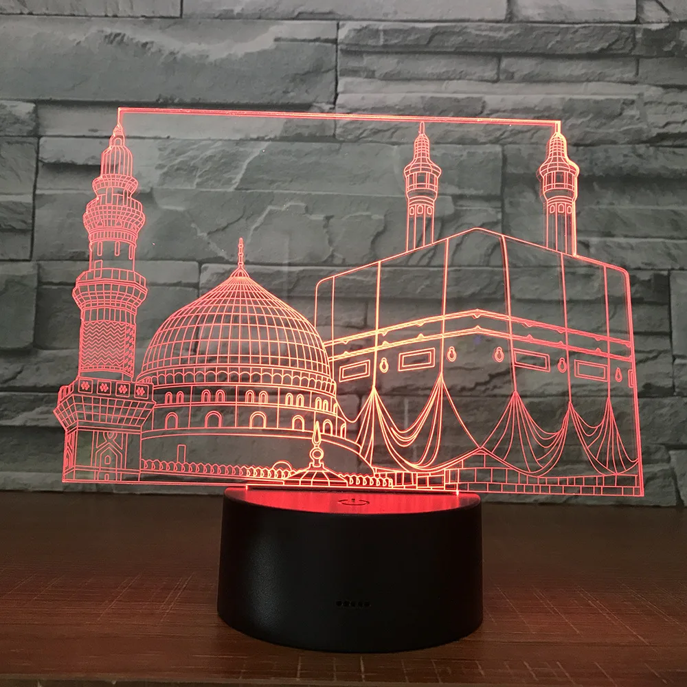 Acrylic Mosque Night Light for Home Room Decor 7 Color Changing Led Nightlight Bedroom Bedside Table Lamp Muslim Ramadan Gift