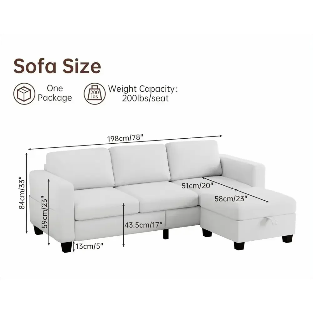 Cream White 3-Seater L-Shaped Couch with Storage Ottoman for Small Spaces
