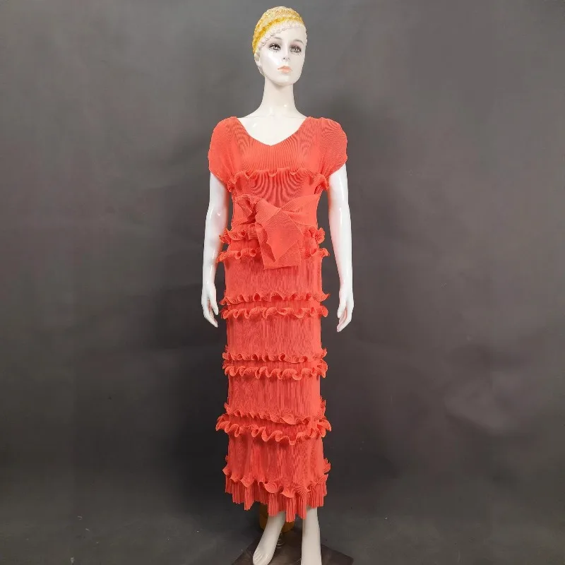 Miyake plissado moda cor sólida com decote em v vestido feminino bolo em camadas plissado plus size apertado festa elegante vestido