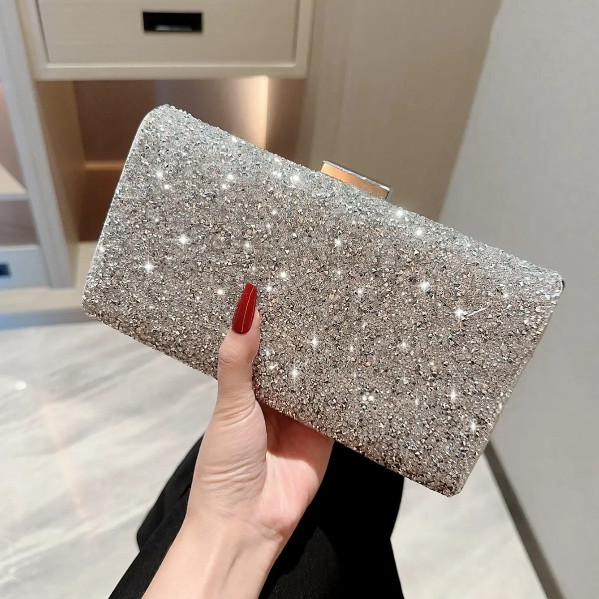 

Shining Silver Drill Evening Bags Ladies Wedding Banquet Clutches Party Handbag Clutch Silver Color Chain Shoulder Bag For Women