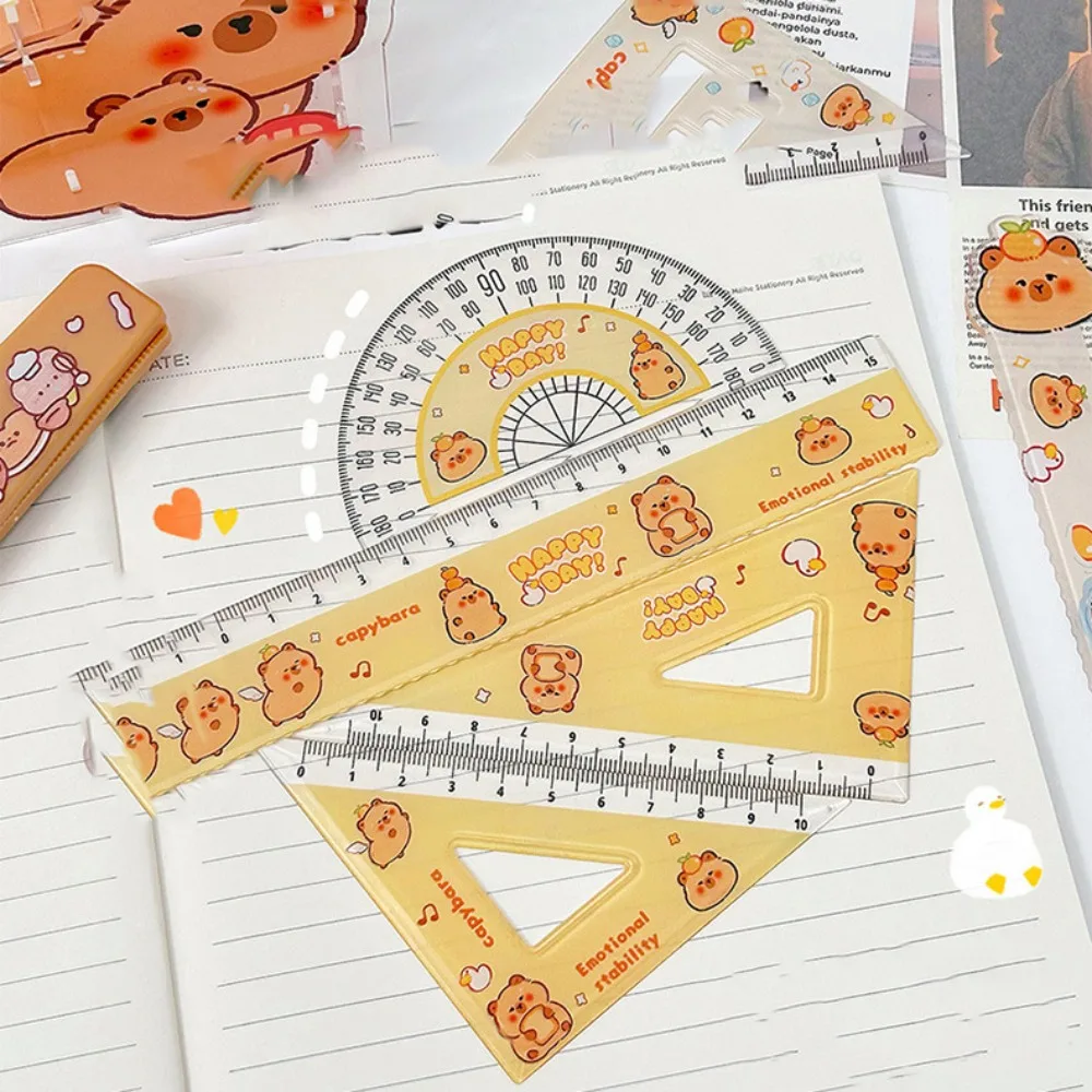 Metric Ruler Cartoon Pattern Ruler Set Multifunctional Protractor Capybara Ruler Set Plastic Stationery Ruler Four-piece Set