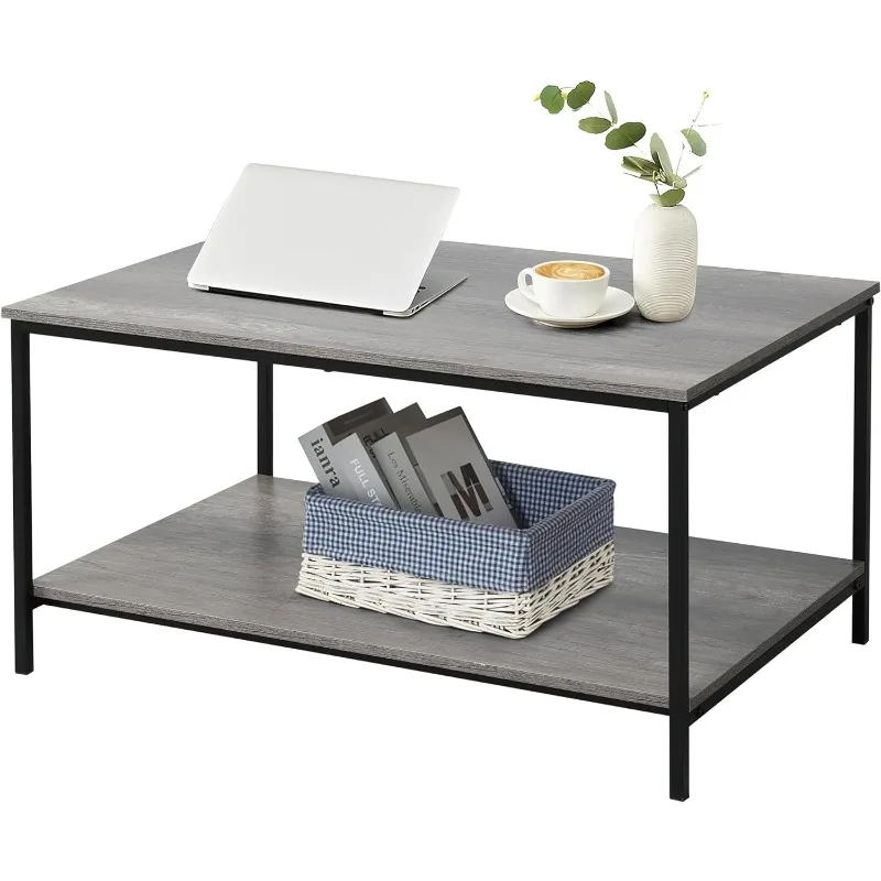 

2-Tier Coffee Table with Storage Shelf for Small Living Spaces, Grey Oak Rectangle Wood and Sturdy Metal Side End Table