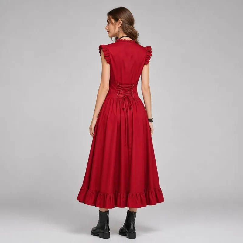 Women Medieval Gothic Cosplay Outfit Sleeveless Ruched High‑Low Dress Matching Hooded Long Sleeve Tunic for Halloween Party