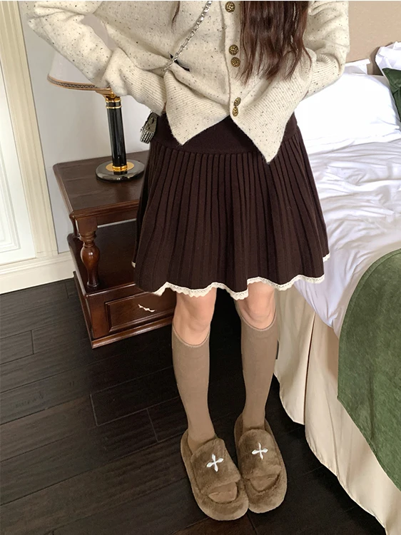 

High Waist Knitted f Skirt with Lace Trim A-Line Skirt for Women Autumn Winter Casual Sle No Stand Fit