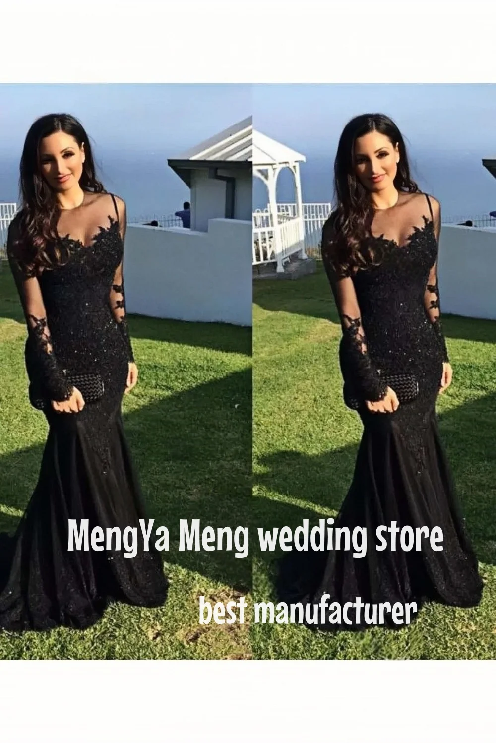 

Сексуальное черное кружевное платье с иллюзией шеи и аппликациями, вечернее платье русалки, блестящее вечернее платье с длинными рукавами и скользящим шлейфом