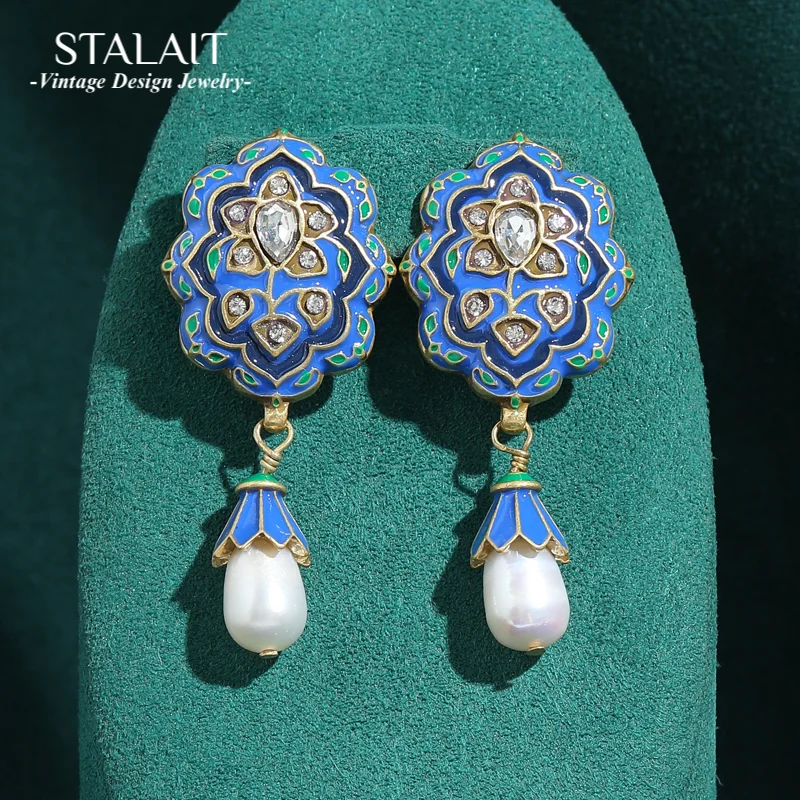 

Vintage Large Blue Earrings Drop Enamel Pearl Flower Pendant Color Luxury Quality Jewelry Party Accessories For Women 2025 New