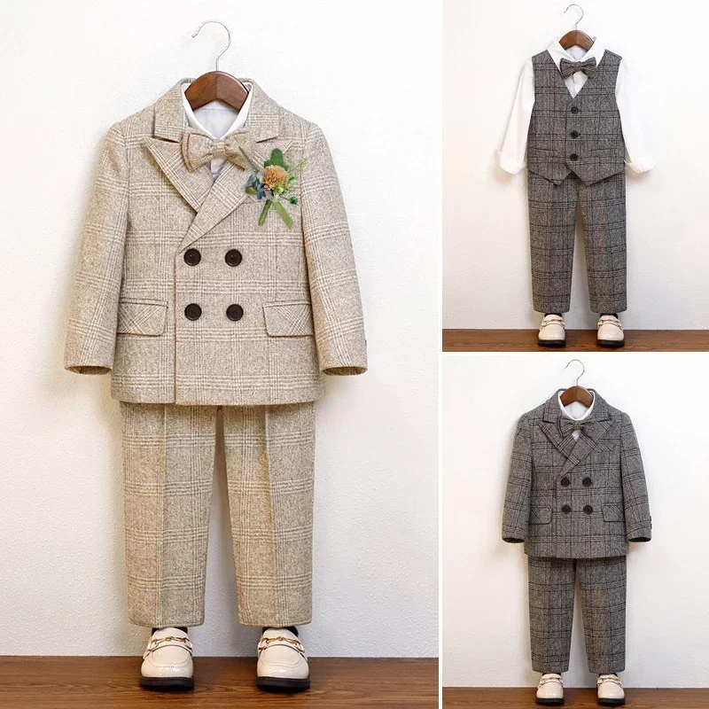 School Uniform for Boys Thick Warm Children Plaid Suit Khaki Toddler Birthday Blazer Set Kids Wedding Piano Performance Costumes