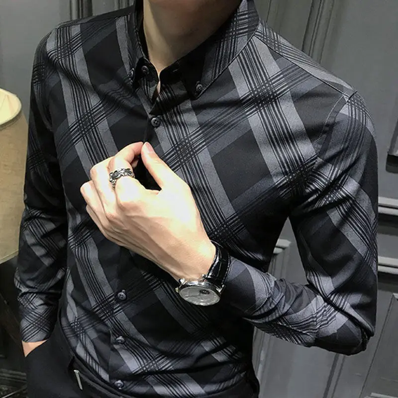 New Long Sleeve Plaid Shirt Korean version trendy men autumn leisure Slim fit Non-iron business men's shirt