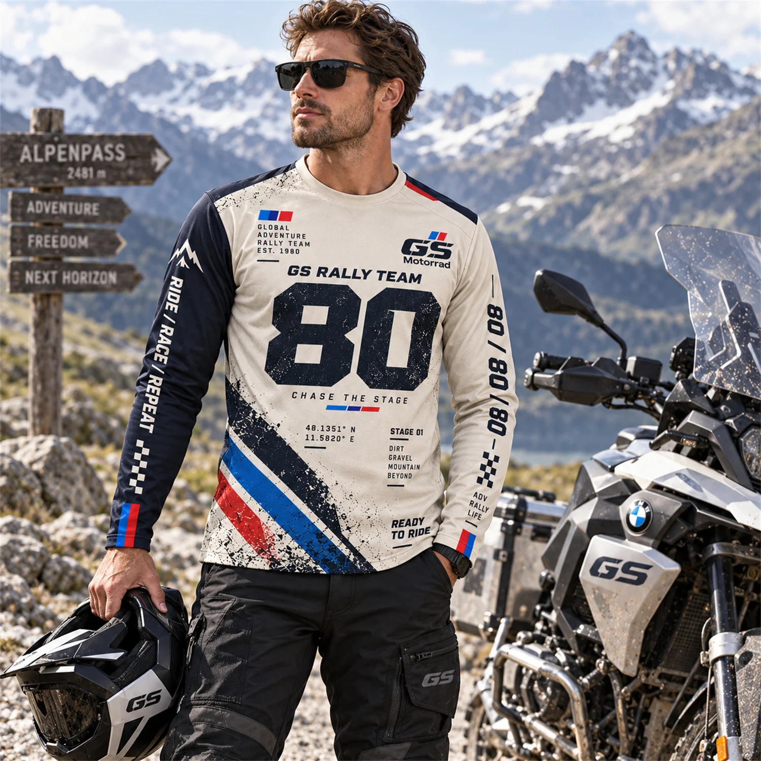 Autumn Men's Crew Neck Long Sleeve GS Motorrad Rally Team Number Print Outdoor Motorcycle Racing Adventure Casual Sports Tops