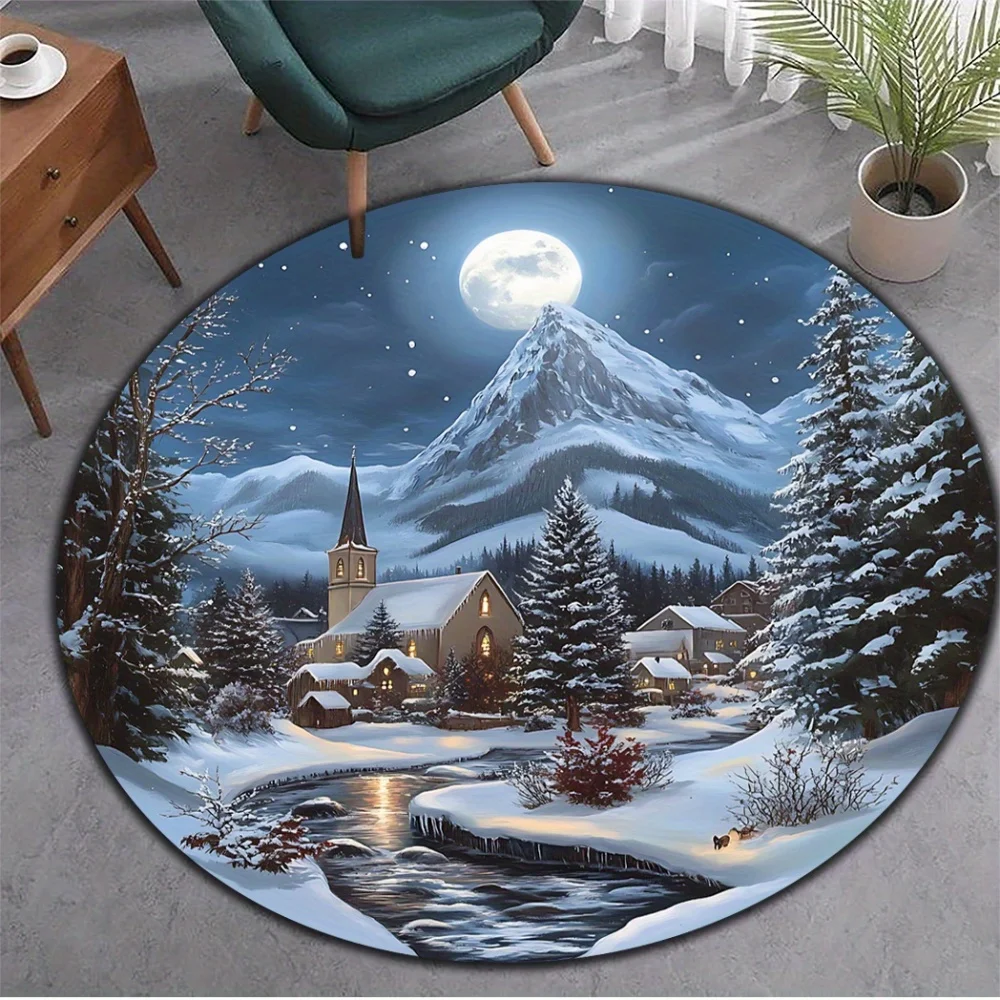 Christmas Snow Village North Pole 3D Vortex Round Area Rug Washable Soft Carpet for Living Room Bedroom Holiday Home Decor