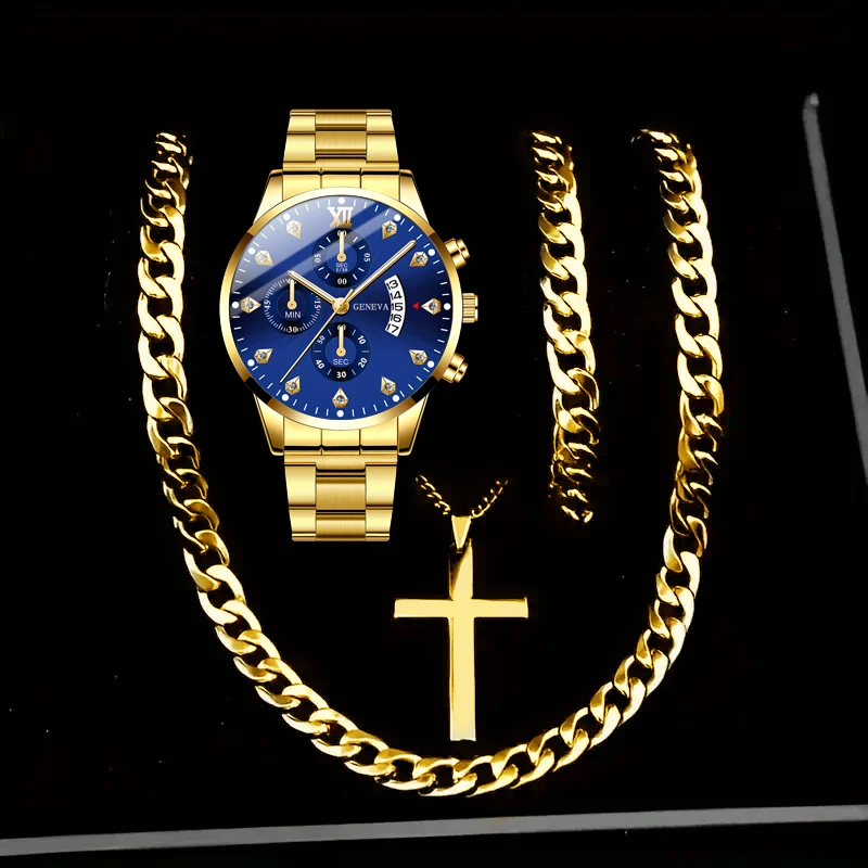 4pcs trendy watches men's fashionable quartz watches with necklaces and bracelets set suitable for daily wear and holiday gifts
