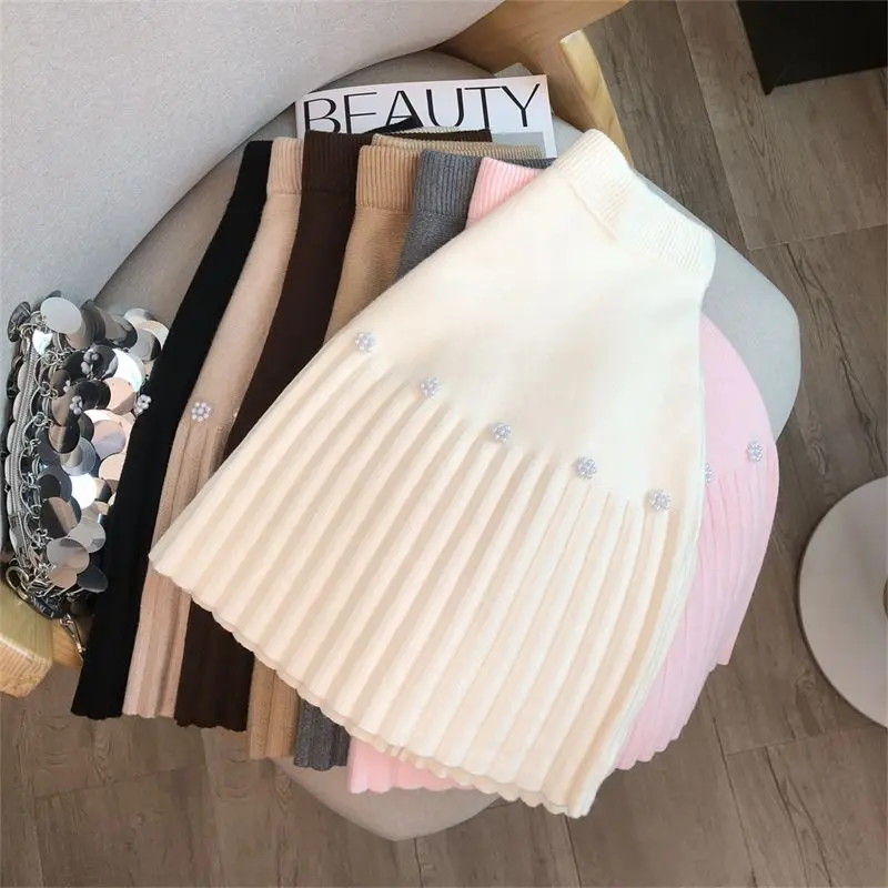 

Beading Knitted Pleated Skirts Women Autumn Winter High Waist A-line Mini Skirt Preppy Style Sweet Solid Skort Faldas