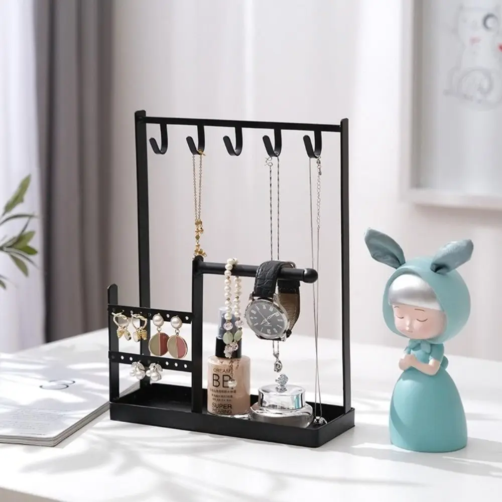 

Metal Jewelry Display Rack Hanging Hook Multifunctional Necklace Storage Rack with Tray Dish Desktop Organizer Ear Stud Holder