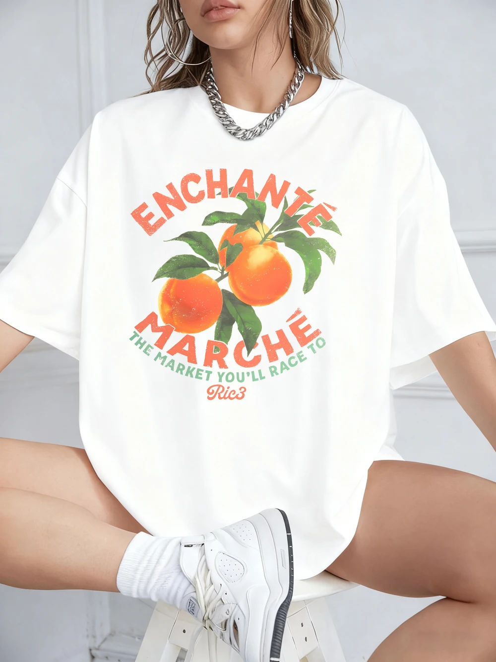 Marche Oranges Market Printing Short Sleeve T-Shirts Women Cotton Summer Tee Shirts Oversized O-Neck Tops Basic Woman Clothes