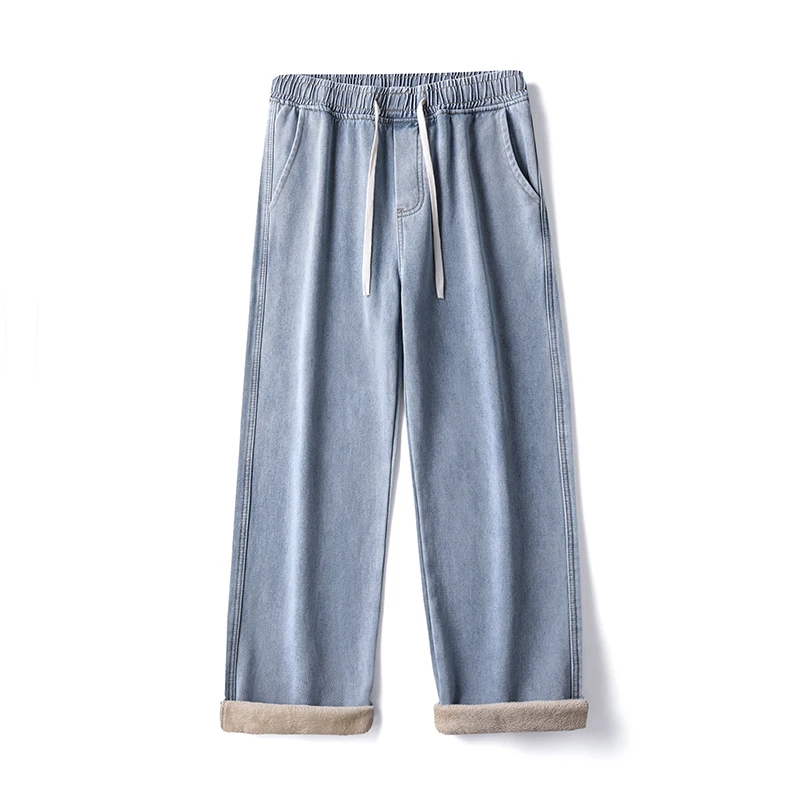 Celana Jeans Pria Musim Dingin Klasik Wol Hangat Longgar Model Kertas Lebar Modis Berbahan Fleece Tebal Beludru Pinggang Elastis