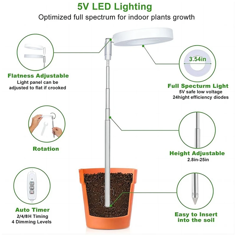 Luz de cultivo de piojos, luz LED de espectro para plantas de interior, luz de cultivo ajustable en altura para flores y crecimiento de plantas bonsái