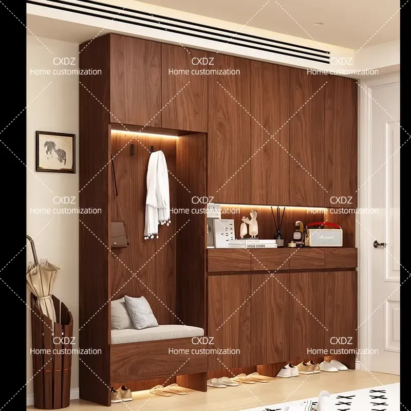 Walnut Solid Wood Shoe Cabinet Floor to Ceiling Wall Mounted Entryway Storage Unit Log Color Living Room Hallway Organizer
