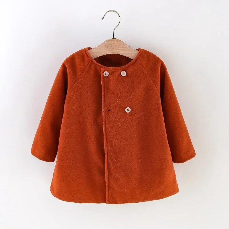 Winter New Girls Coat Woolen Long Solid Color Button Simple Coat Warm Windproof Long Sleeve Round Collar Fashion