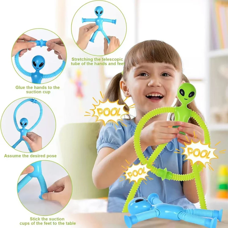 4個入り - 吸盤付き伸縮チューブエイリアンおもちゃ、可変減圧キッズ早期教育パズルおもちゃ、楽しいDIYインタラクティブゲーム小道具