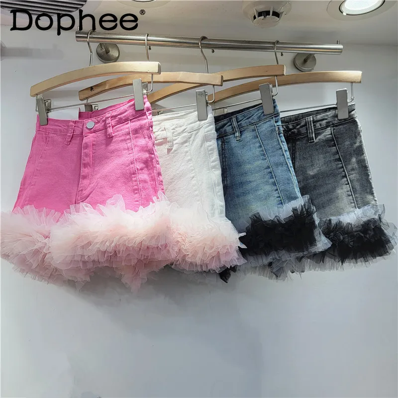 Stilvolle Kontrast Mesh Nähte Denim Shorts Weibliche Herbst Winter Neue Elastische Hohe taille Hüfte-hebe Kurze Jeans Frauen