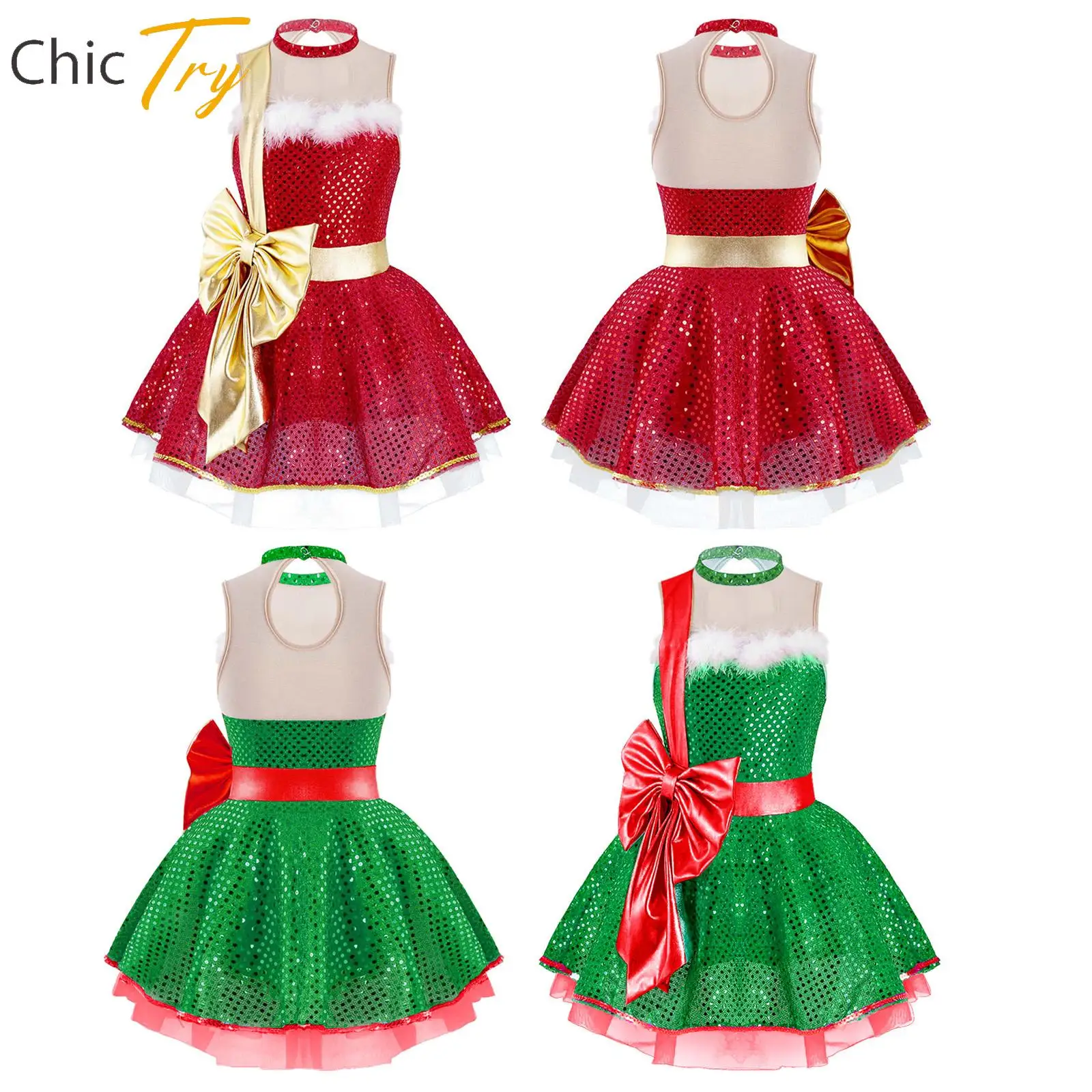 Kinder Mädchen Weihnachten Tanz Kostüm Bowknot Pailletten Candy Cane Ballett Tanz Eiskunstlauf Tutu Kleid Party Neue Jahr Dancewear
