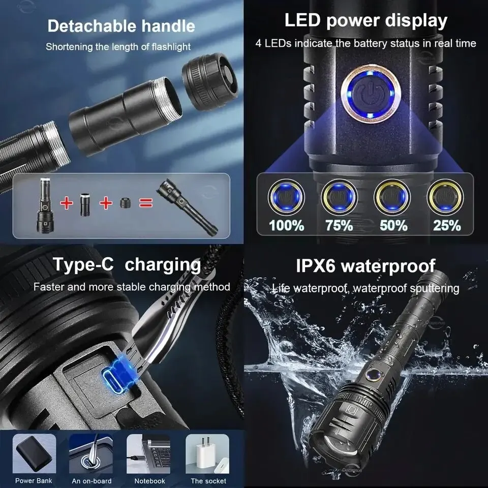 12000MAh High Power LED Flashlight 2000M Ultra Powerful Flashlight Type-C Rechargable LED Torch Zoom Waterproof Tactical Lantern