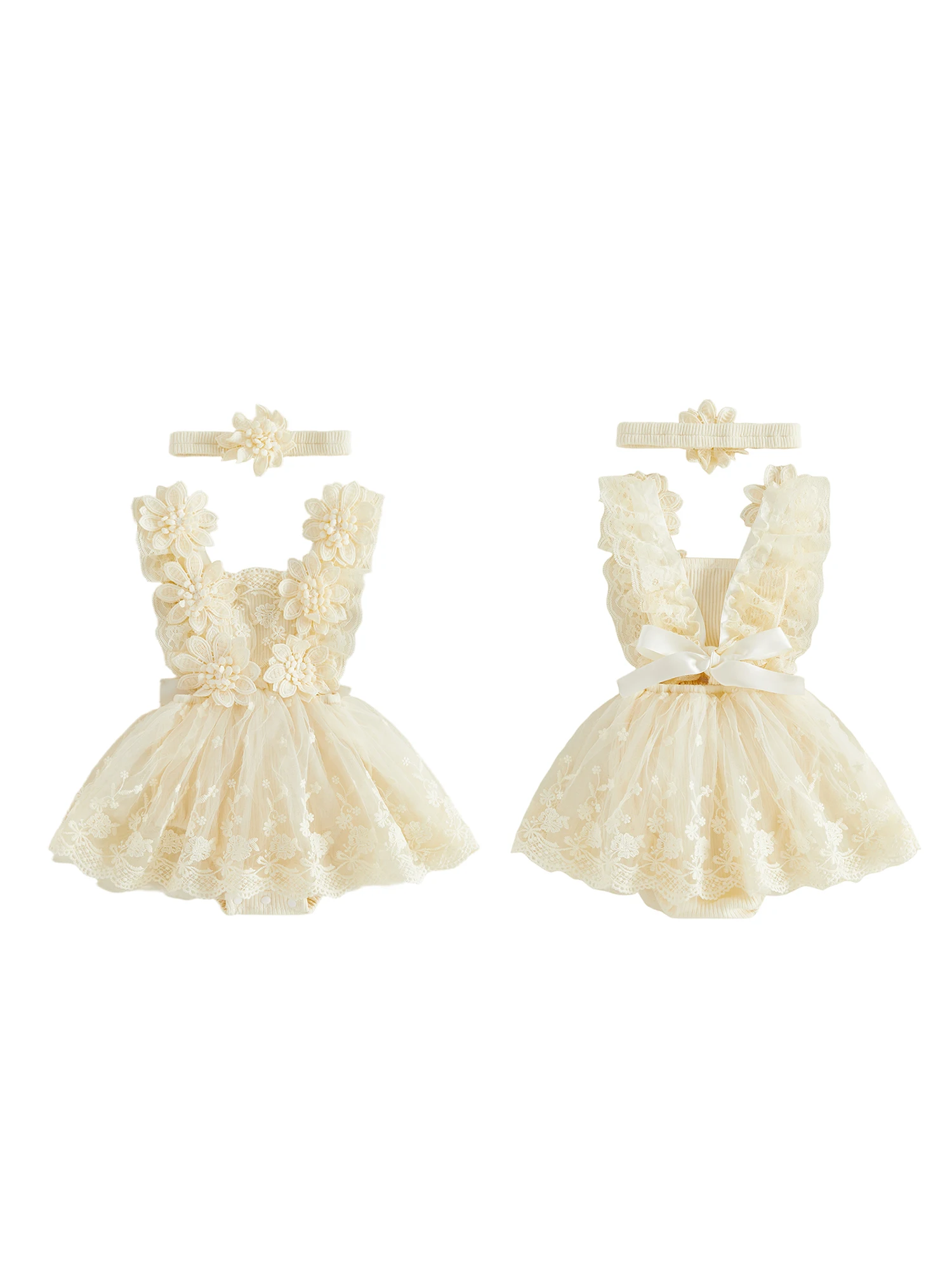 

Платье-комбинезон с цветочным принтом для малышек с кружевными деталями и подходящей повязкой на голову для летних мероприятий и фотосессий