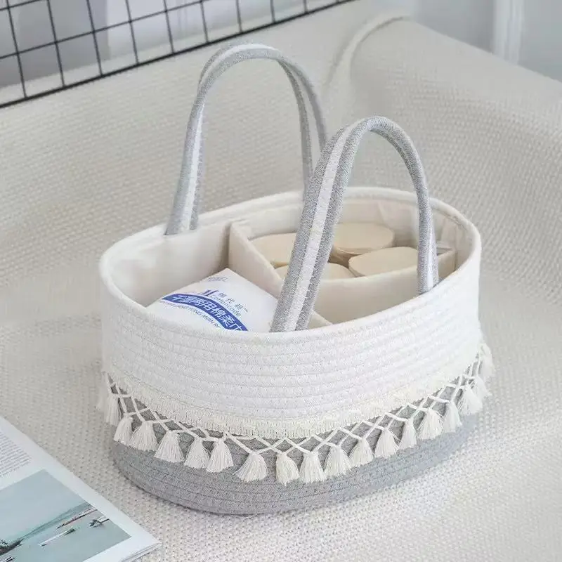 Handwoven Baby Diaper Caddy Divided Storage Basket with Tassel Handle Portable