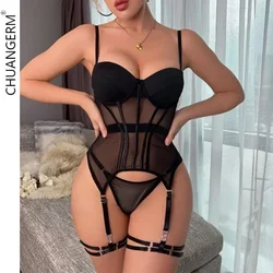 CHUANGERM Thin Mesh Lingerie Breathable Body Shaping Split Garter Set Women Patchwork Erotic Bodysuit Outfits Sexy Bra Panty Set