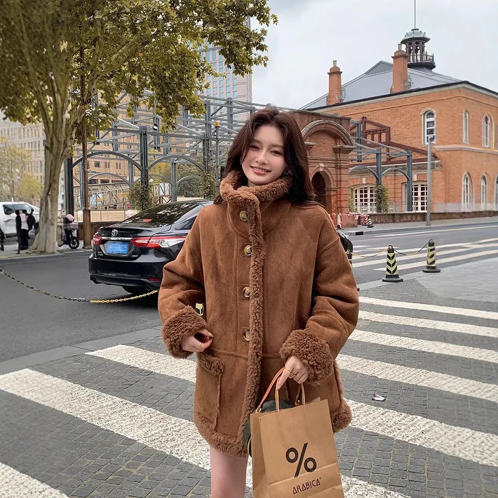 UMI MAO-abrigo Reversible de piel de oveja para mujer, abrigo de piel auténtica de lana de cordero de invierno, abrigo de longitud media, chaquetas coreanas para mujer
