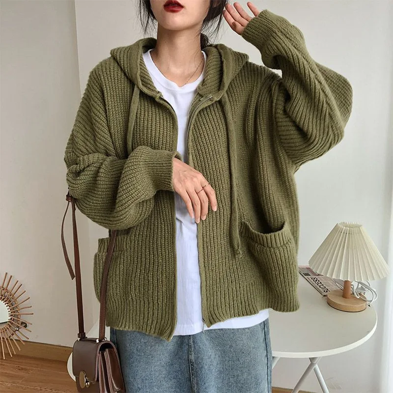 

Loose Hooded Sweater Cardigan Coat Women's Autumn Winter 2023 New Vintage Lazy Style Knitwear Tops Soft Thicked Warm Sweaters