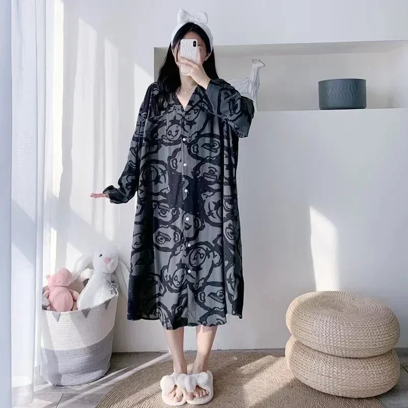 150kg Plus Size Women Autumn Loose Soft Cotton Blend Long-Sleeve Pajama Sleeping Shirt Dress Fat Female Clothing Oversize Dress