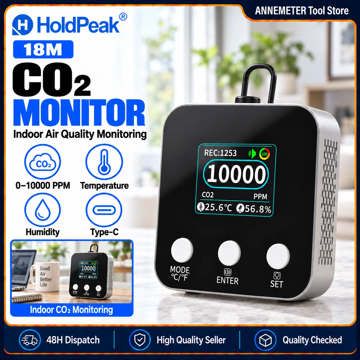 CO2 Meter NDIR Air Quality Monitor 10000ppm Carbon Dioxide Detector TFT Rechargeable Temp Humidity Sensor for Home Office