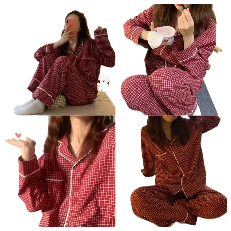 

Red Plaid Women's Sleepwear Long Sleeve Loose Cardigan Pajamas Set Korean Style Long Sleeve Trousers Suitable Girl Home Wear