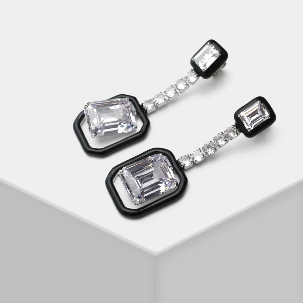 AB/ Stylish Modern Square Pendant design 925 sterling silver and zircon women jewelry earrings drop glaze process.