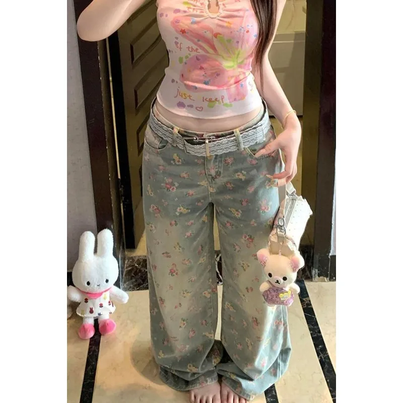 

Korean Sle High Waist Floral Print Maxi Denim Pants Women's Summer 2025 New Design Casual Baggy Wide Leg Vintage Jeans