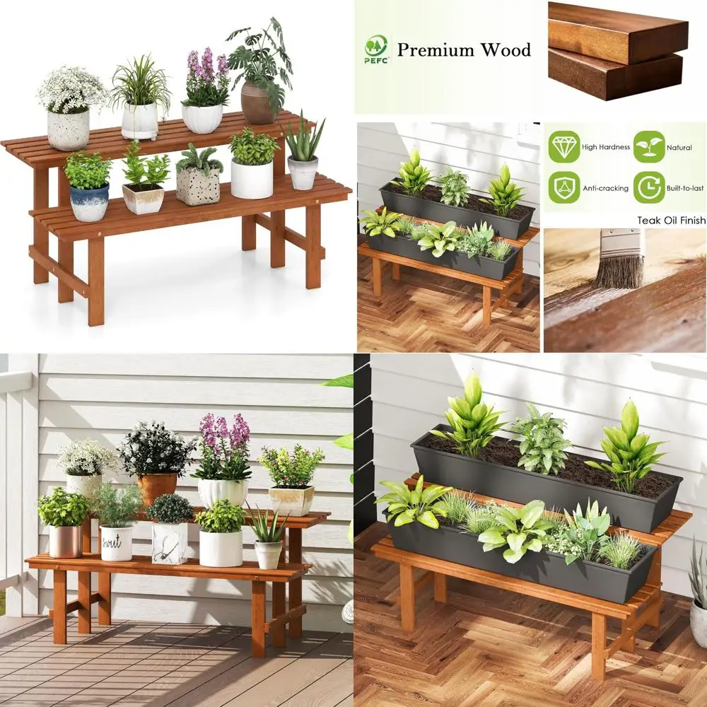 

Two-Tier Wooden Plant Stand with Teak Oil Finish, Suitable for Indoor and Outdoor Use, Ideal for Displaying Multiple Potted Plan