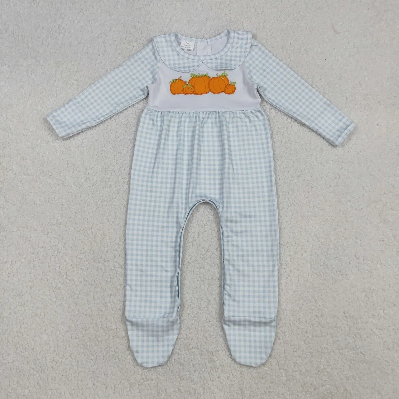 

Wholesale Boy Girl Toddler Thanksgiving Children Embroidery Pumpkins Footie Romper Kids Newborn Coverall Plaid Buttons Bodysuit