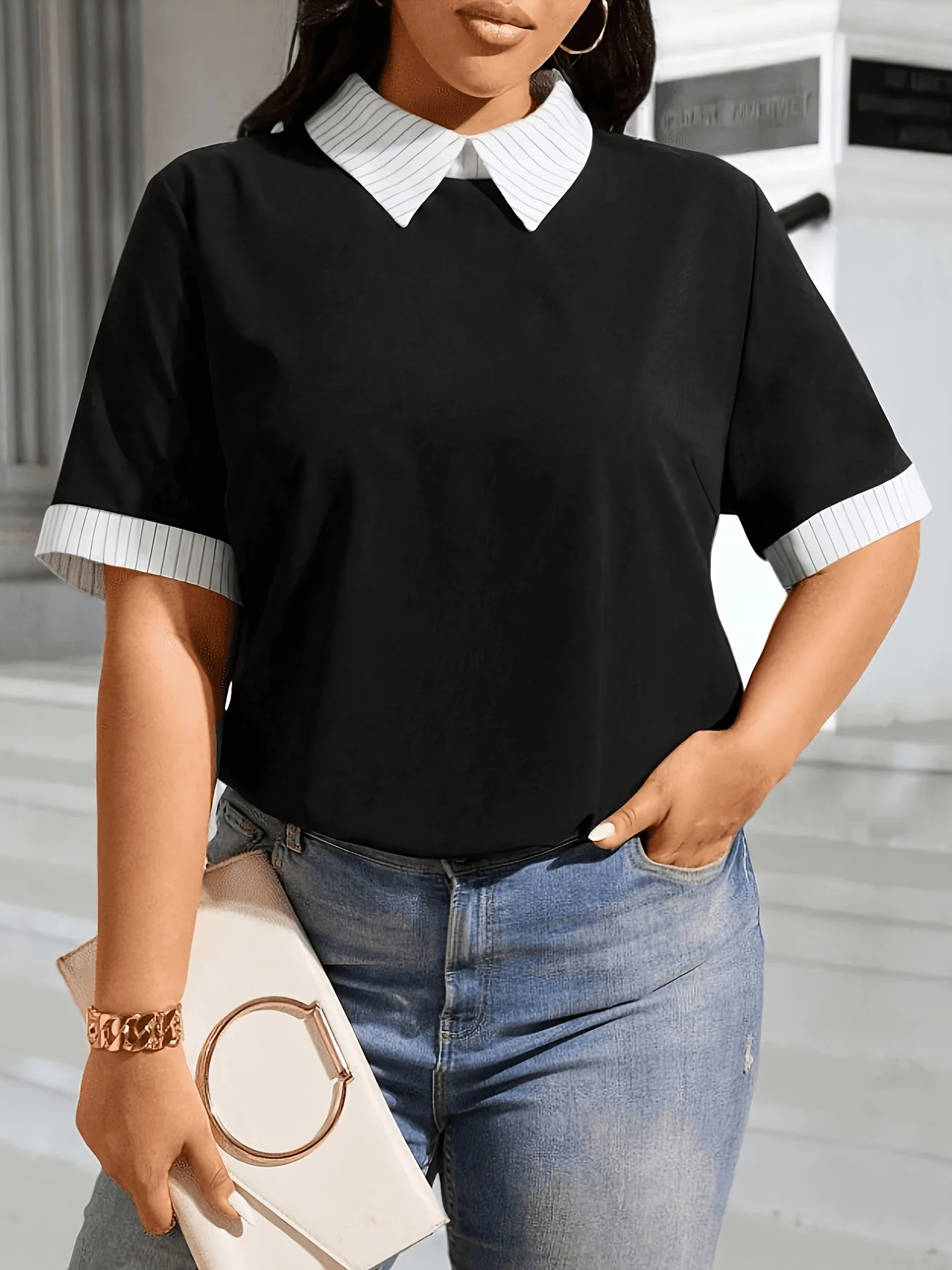 

Plus size women's striped lapel spliced faux two-piece short sleeve shirt loose slimming V-neck commute top