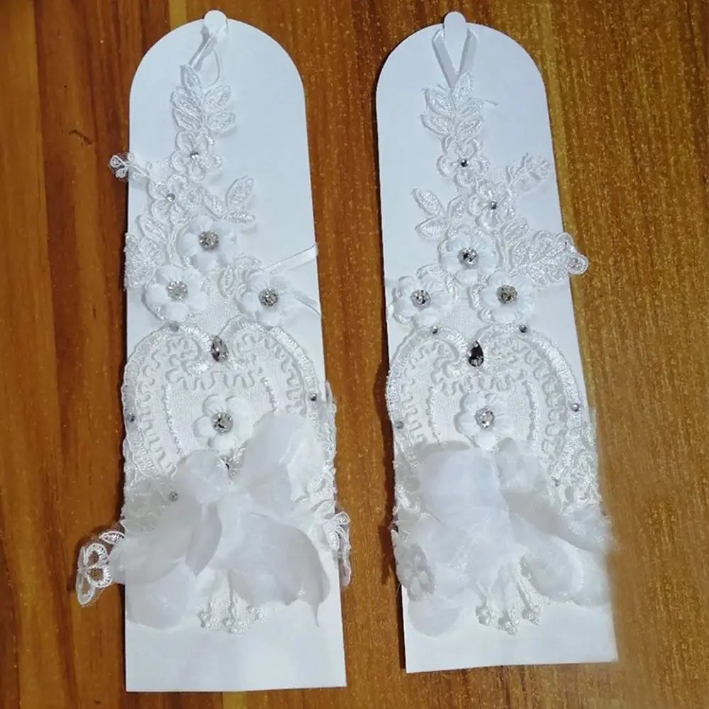 Lolita Fingerless Gloves White Hand Sleeve Prom Dinner Gloves Pearl Wedding Bridal Gloves Lace Mittens Bow Gloves Women Gloves