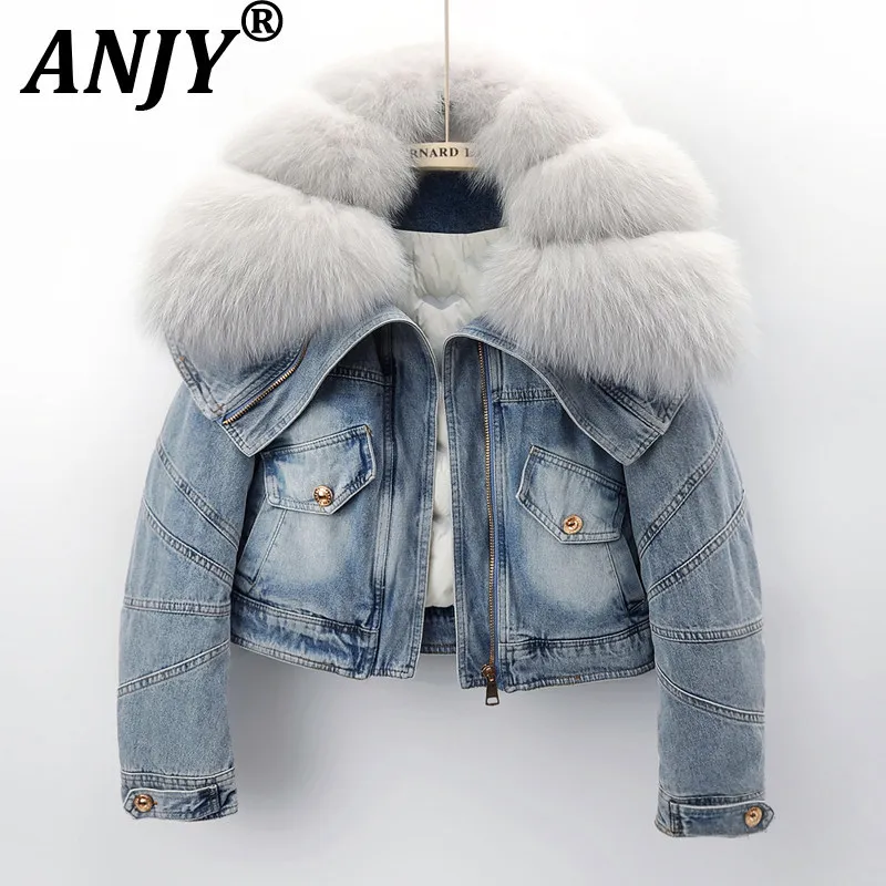 ANJY Winter New Women European High-End Trend Large Fur Collar Detachable Down Liner Denim Short Jacket Fleece Lined Warm A19533