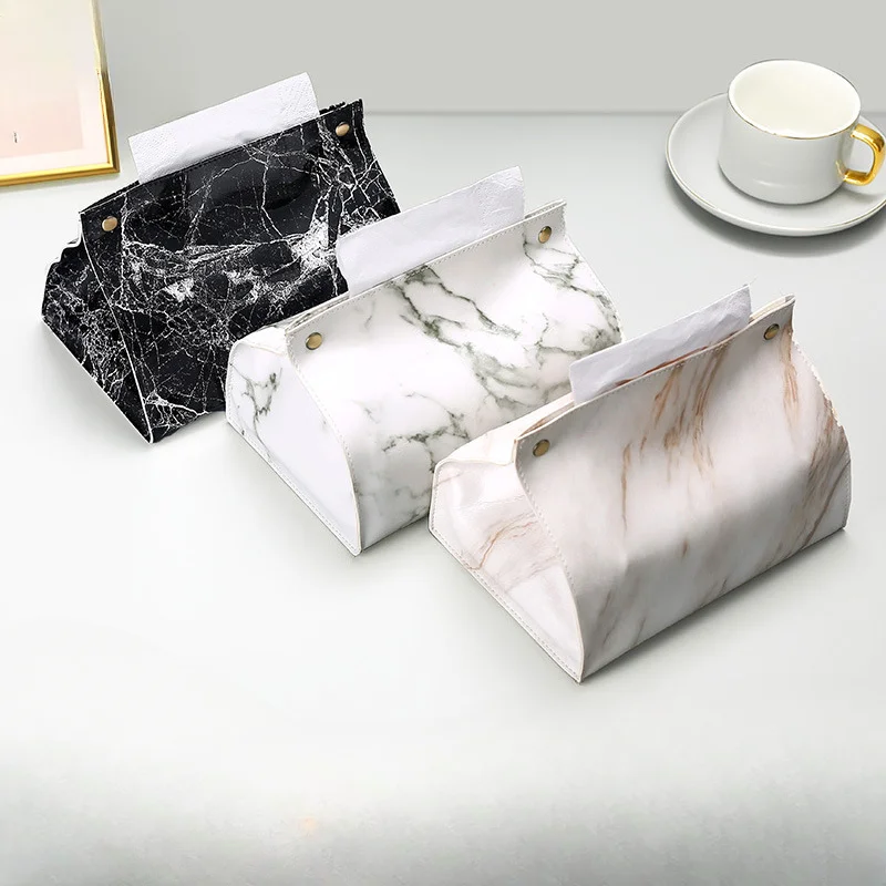 Tissue Case Box Container PU Leather Marble Pattern Napkin Holder Tissue Box Papers Bag Cosmetic Box Case Pouch Organizer