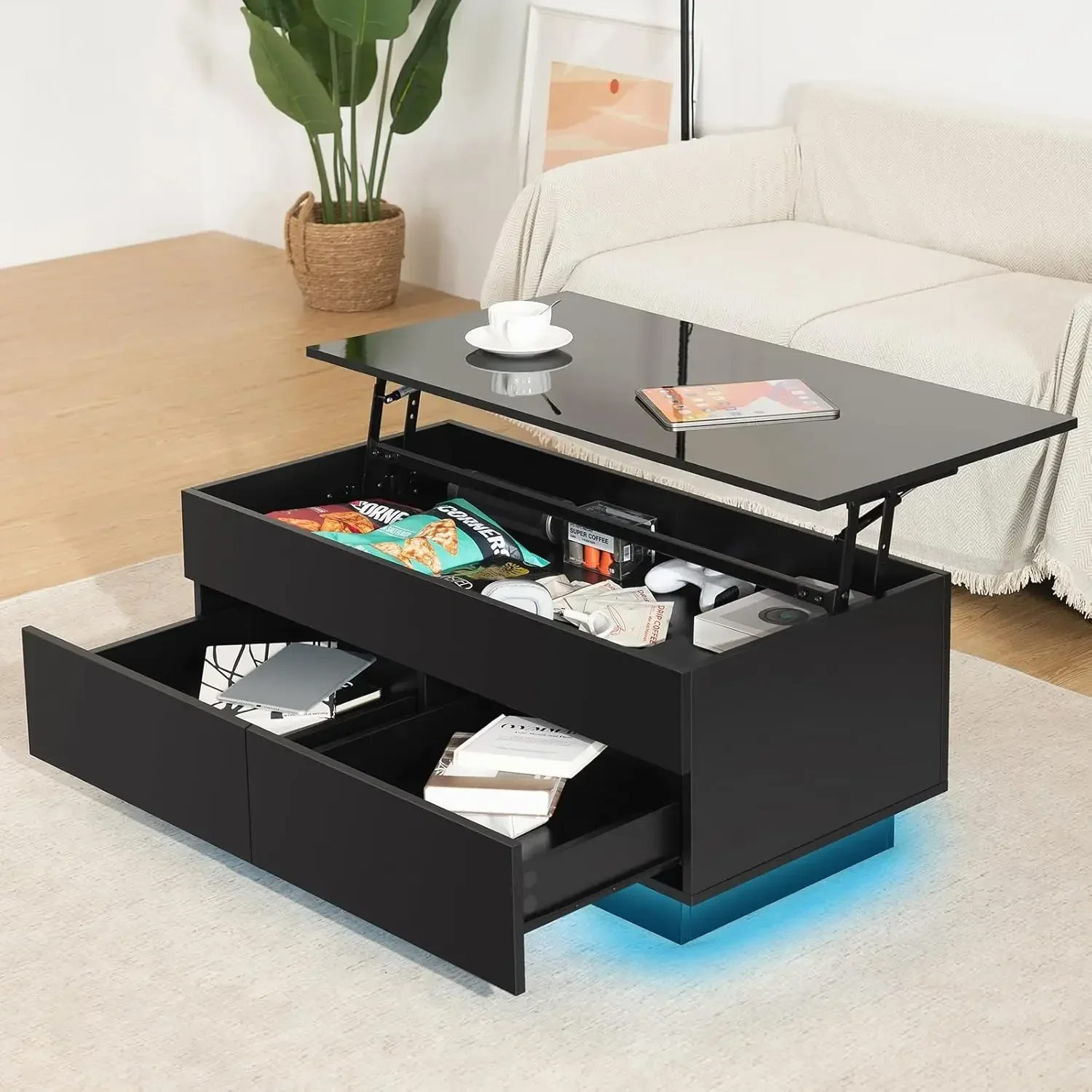 Lift Top Coffee Table with Hidden Storage LED Coffee Table Morden High Gloss Black Living Room 3 Tiers Modern Tea Table