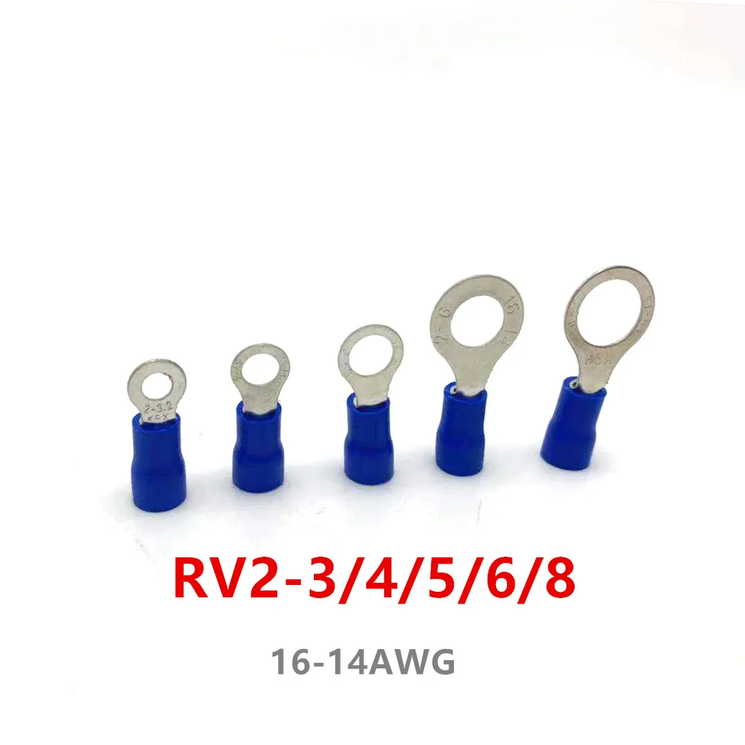 RV2 10-50Pcs/Set Insulated Blue Ring Terminals Wire Cable Electrical Crimp Connectors 16-14 AWG Kit M3/M4/M5/M6/M8