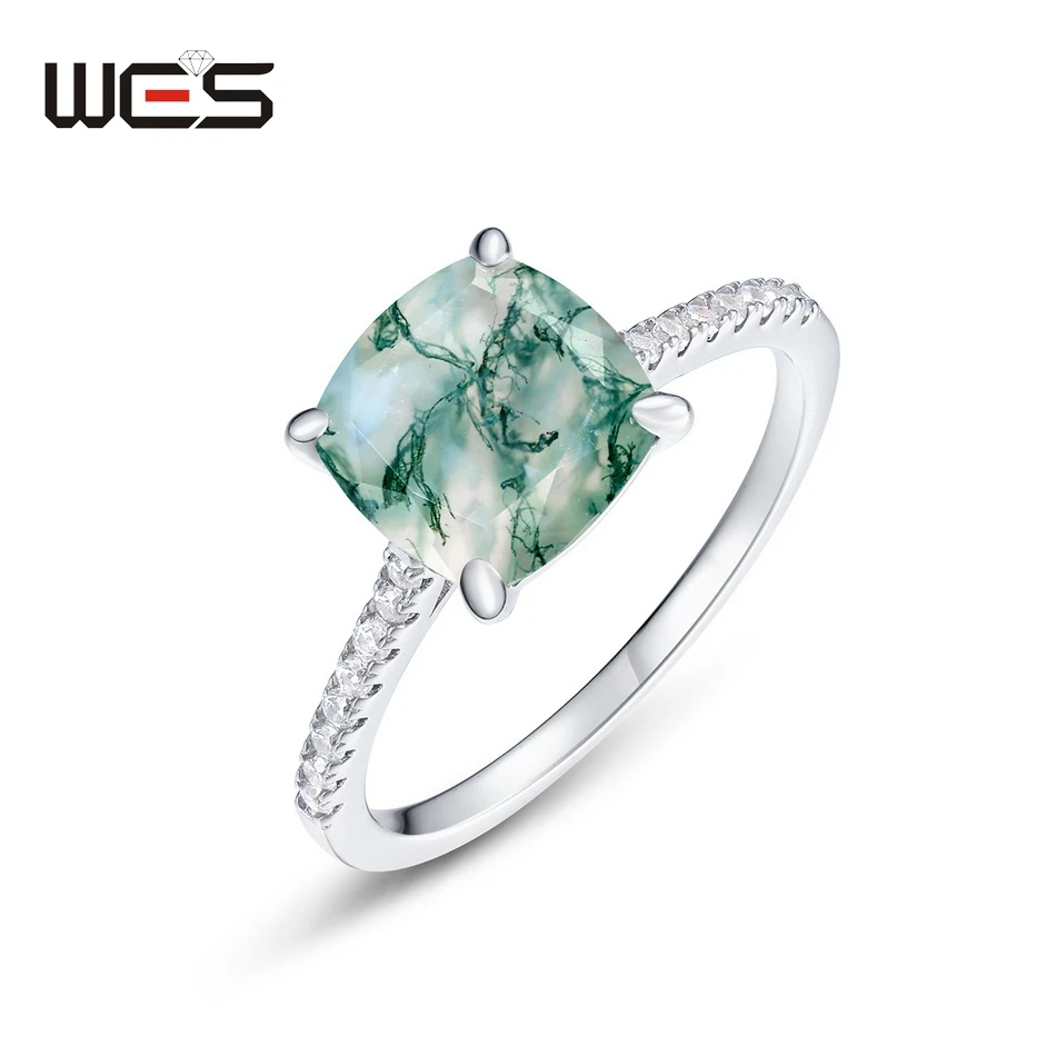 WES 100% 925 Sterling Silver Original 8*8mm Moss Agate Rings For Woman Friends Wedding Birthday Christmas Gifts Fine Jewelry