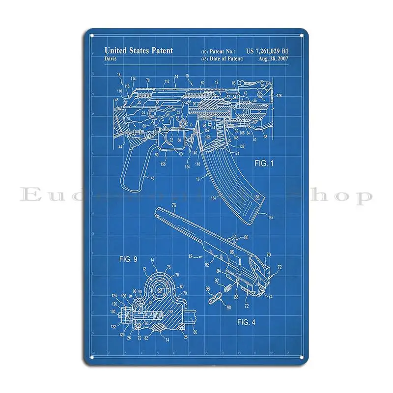 Ak 47 Rifle Patent Ak47 Firing Mechanism Art Blueprint Metal Plaque Poster Garage Cave Designing Designing Tin Sign Poster