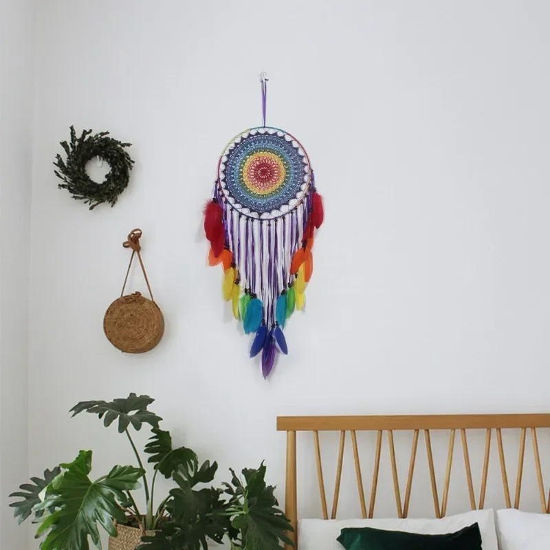 Rainbow Dreamcatcher, Large, Handmade Colorful Feather Dreamcatcher, Bedroom Wall Decoration, Home Craft Jewelry, Blessing Gift