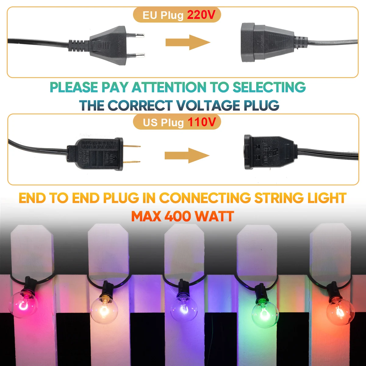 Guirxiété Lumineuse LED Multicolore G40, Imperméable, 220V, Connectable UE, Éclairage Extérieur, délégations, Porche, Décoration de Camping