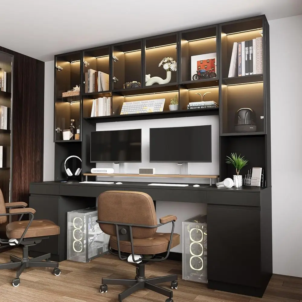

Double-Person Computer Desk with Bookshelf, LED Lights, Study and Gaming Table, White